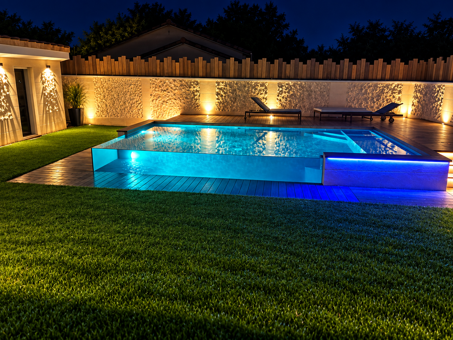 Piscine Acrylique — Um quadro de água iluminado à noite, com parede acrílica e deck de madeira.