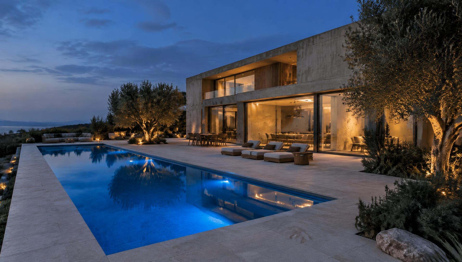 Piscina contemporânea iluminada à noite integrada à arquitetura da casa