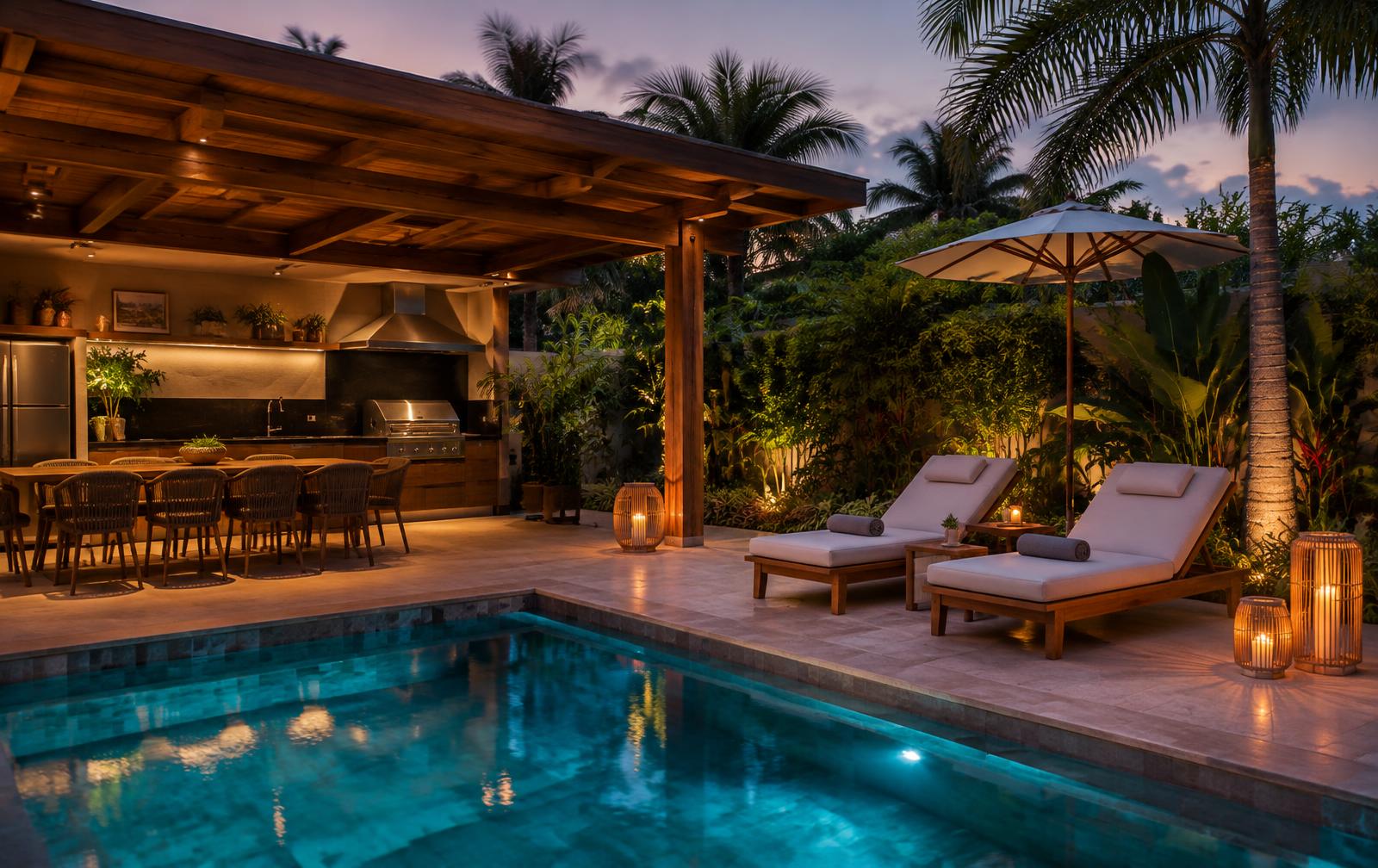 Côte d’Azur — Piscina, espaço gourmet e jardim tropical em um único ambiente.